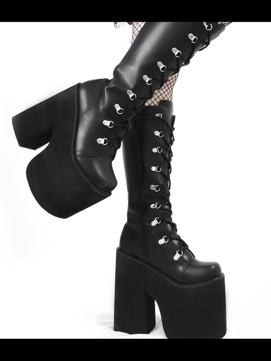 Bad Karma Shoes - Women's Black Lace-Up Platform Knee Boots